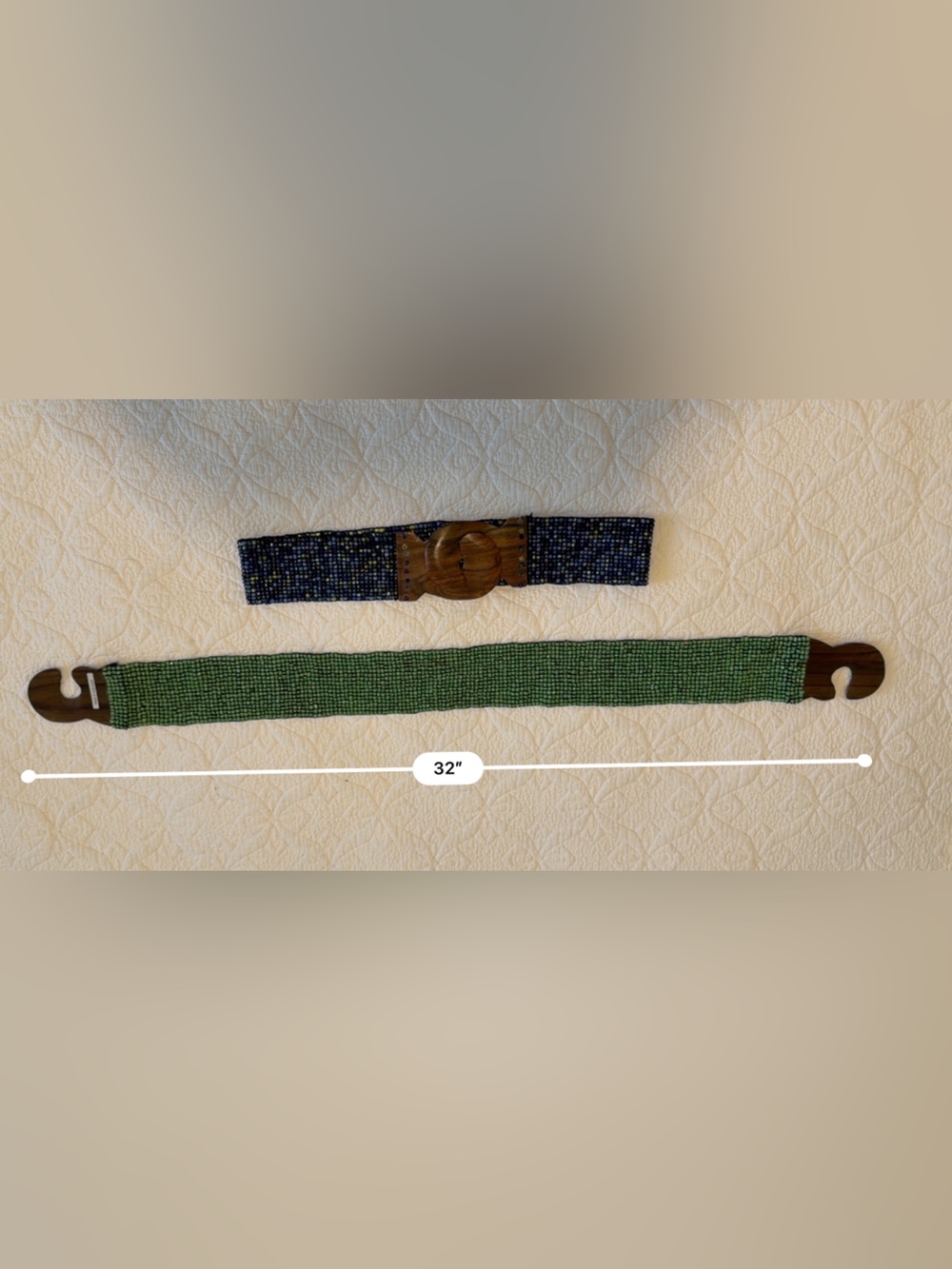 Women’s Beaded Elastic Belt with Wooden Buckle - Blue and Green